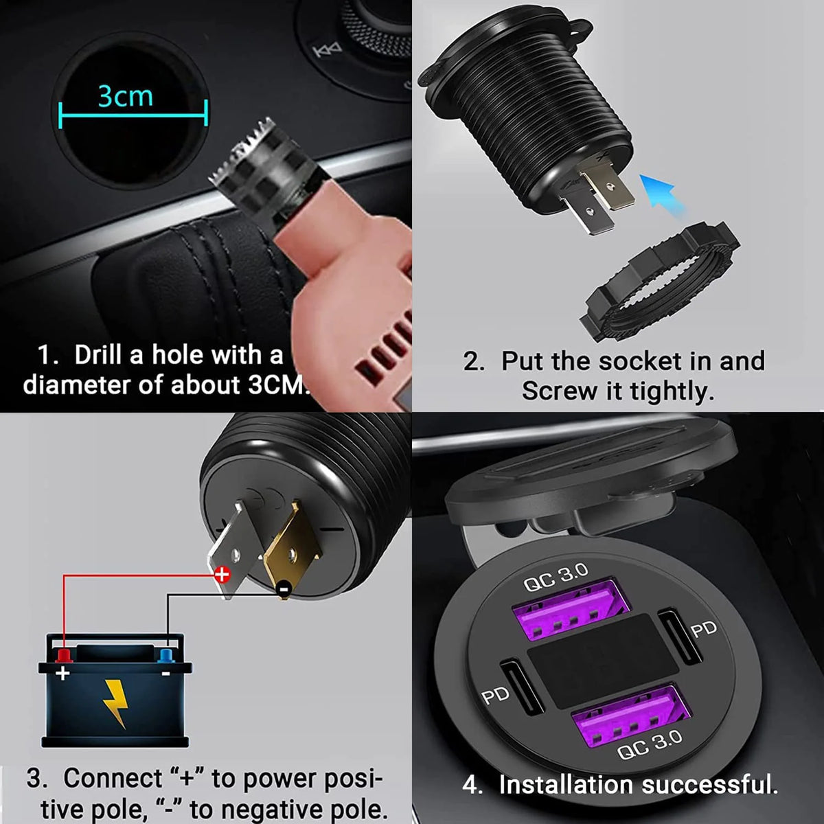 Prise USB 4 ports avec afficheur de tension